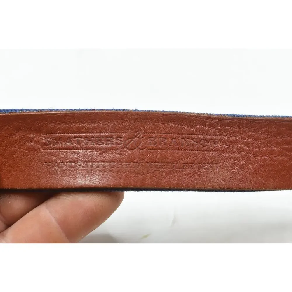 Smathers & Branson Yachting Belt Mens 34 Blue Stitched Flags Leather